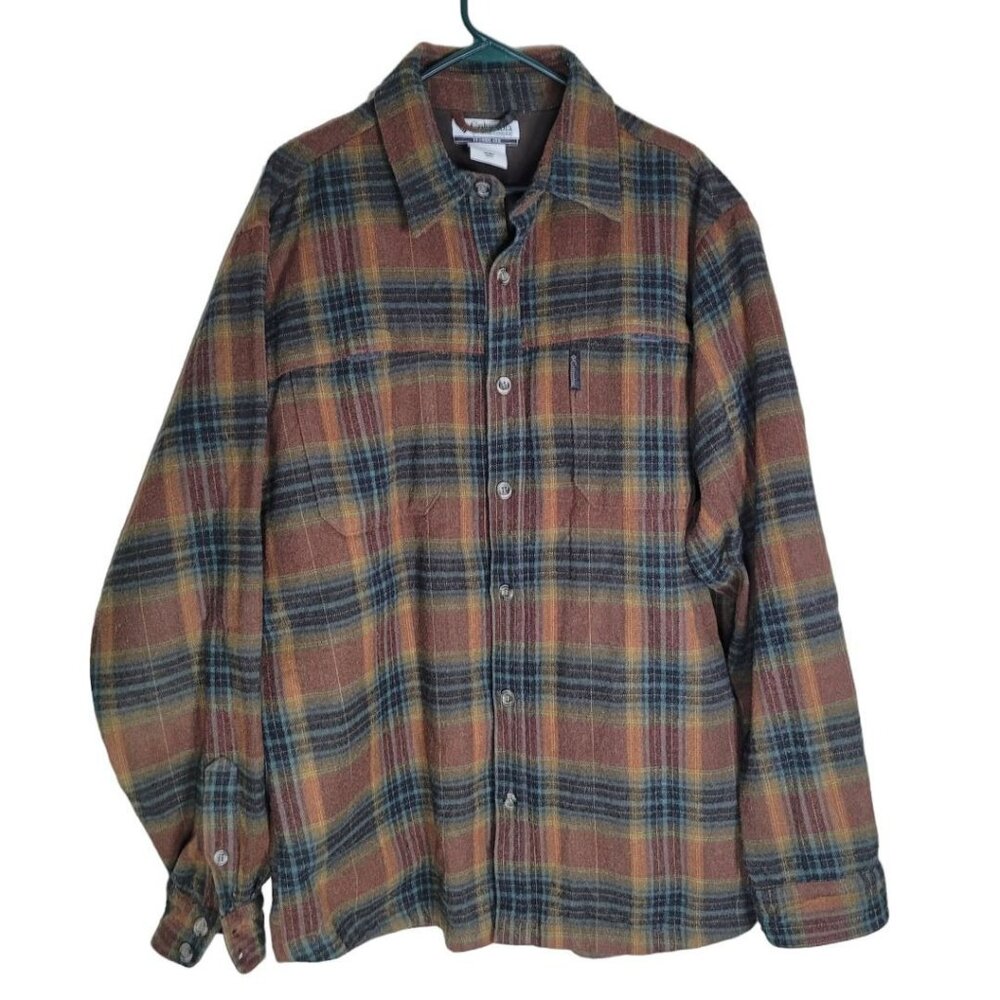 Columbia Plaid Flannel Button Down Shirt Brown Warm Mens Large Pockets‎
